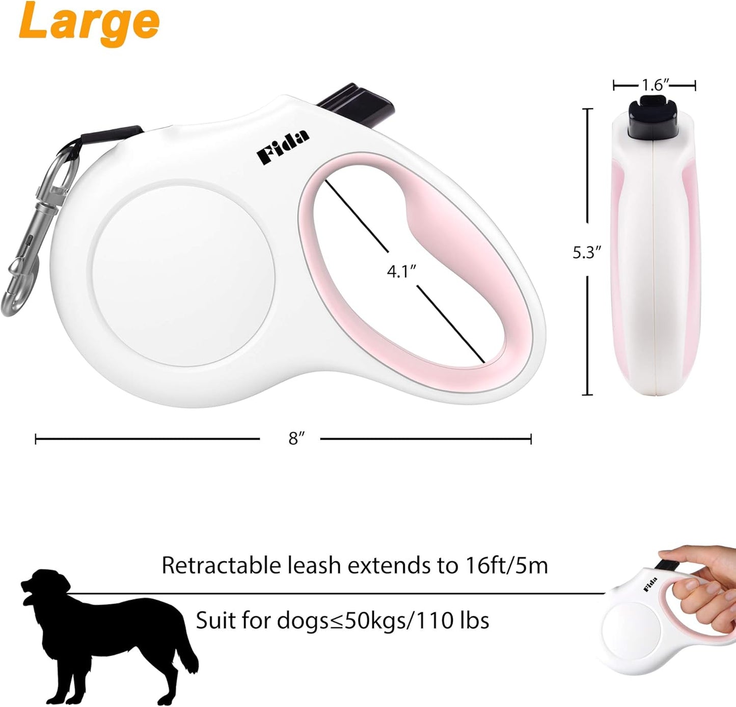 Retractable Dog Leash with Dispenser and Poop Bags, 16 Ft Pet Walking Leash for Large Dog up to 110 Lbs, Anti-Slip Handle, Tangle Free, Reflective Nylon Tape (L, White)